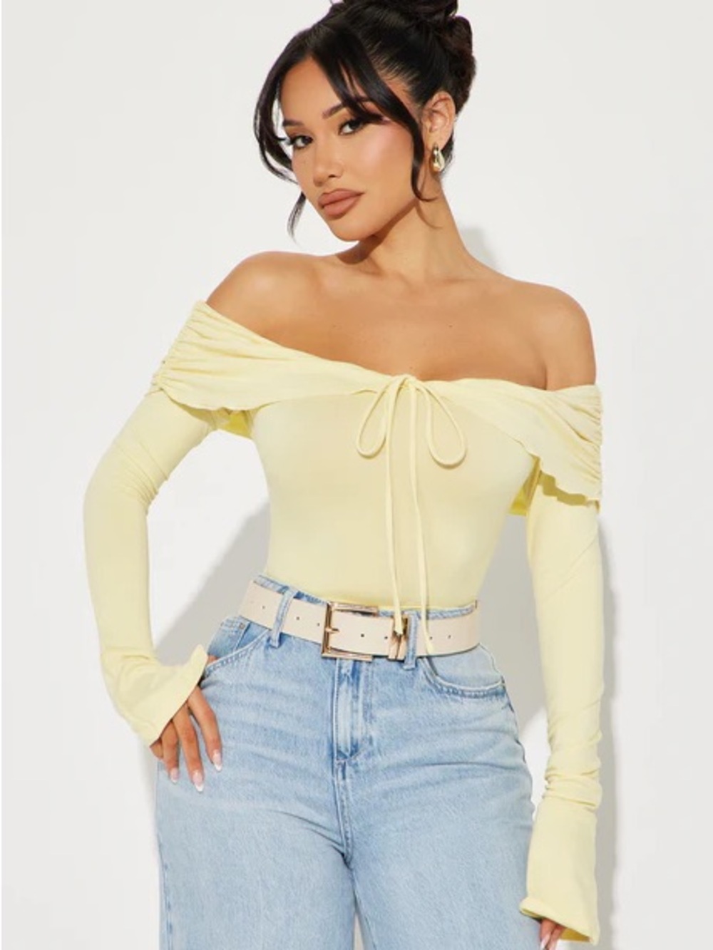NWT Fashion Nova Off-Shoulder Long Sleeve off shoulder Top in Yellow size M
